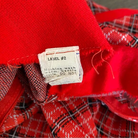 Vintage 1970s Red Plaid Butterfly Collar Dress Made USA Union Label Union Large - Picture 9 of 11